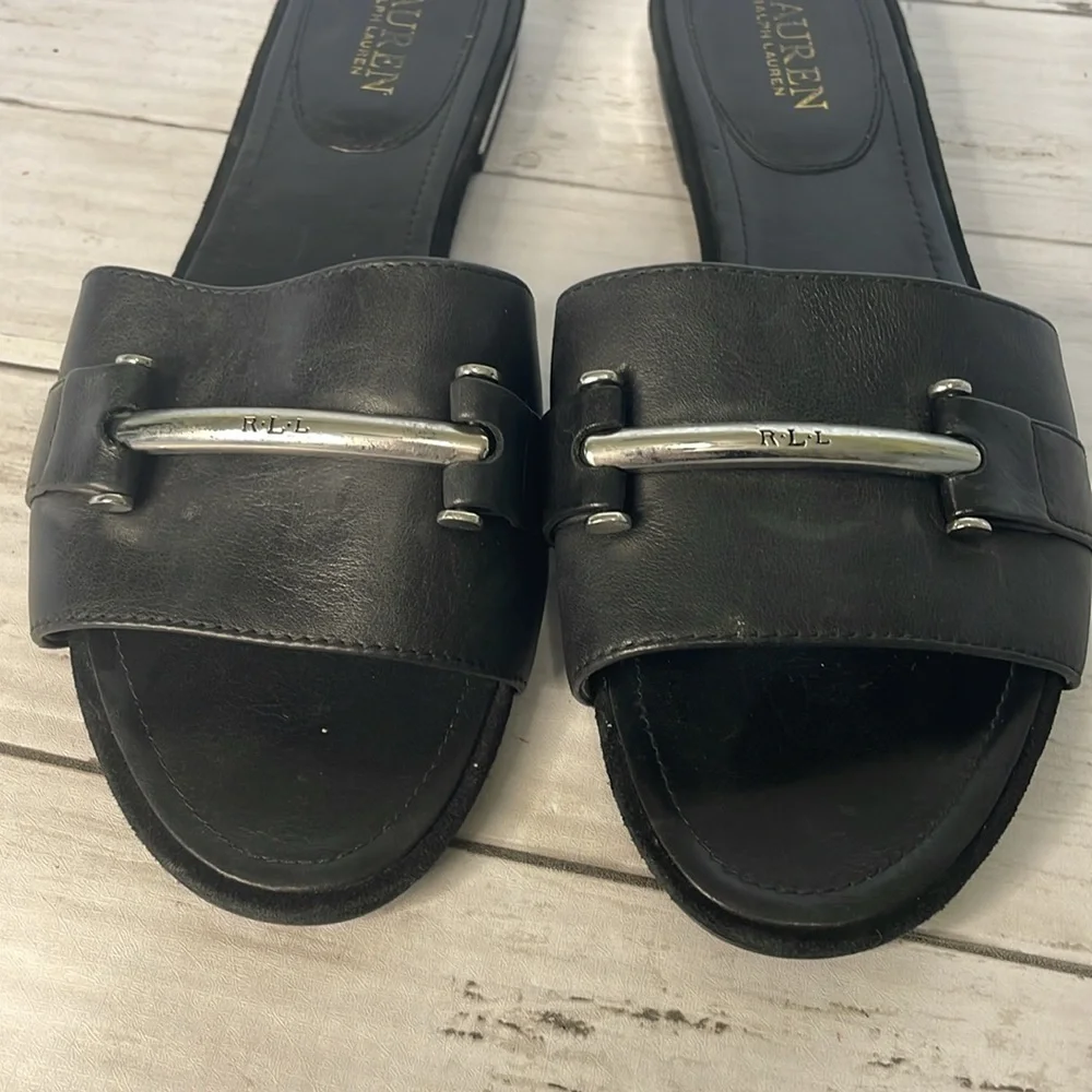 Lauren Ralph Lauren Davan Black Slide Sandal with LRL Silver Signature B…